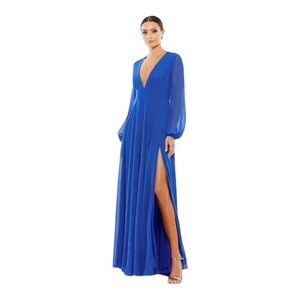 Mac Duggal V-Neck Illusion Long Sleeve Chiffon Gown in Royal Blue NWOT